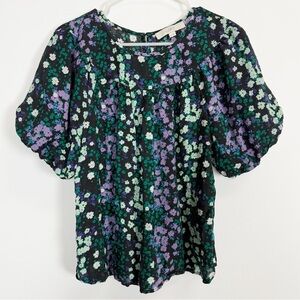 Loft Puff Sleeve Top Womens Medium Black Purple Green Floral Flower Blouse Shirt